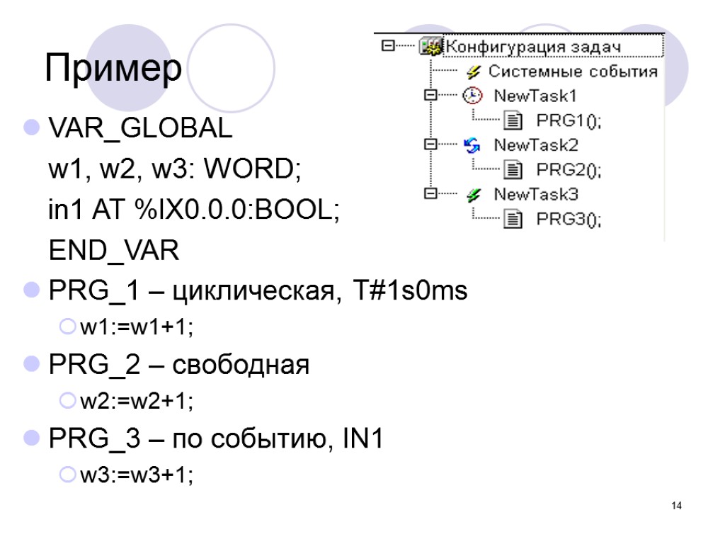 14 Пример VAR_GLOBAL w1, w2, w3: WORD; in1 AT %IX0.0.0:BOOL; END_VAR PRG_1 – циклическая,